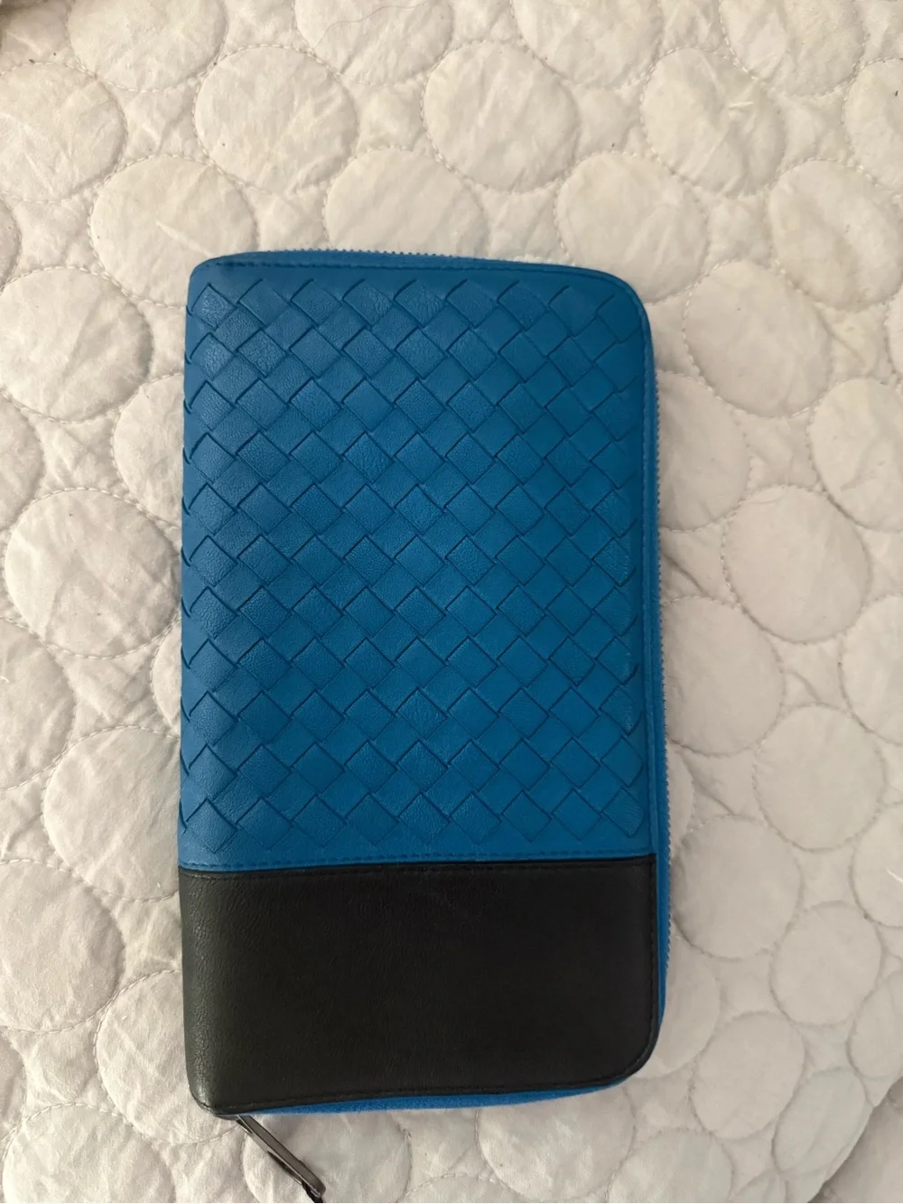 Bottega Veneta Blue and Black Woven Zip Wallet
